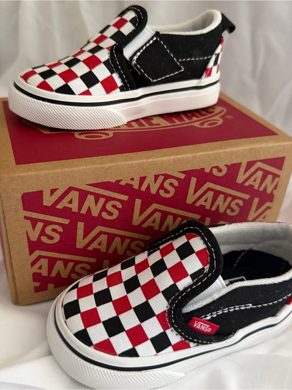 Vans Kids Slip-On Checkerboard Sneakers - Red, Black & White